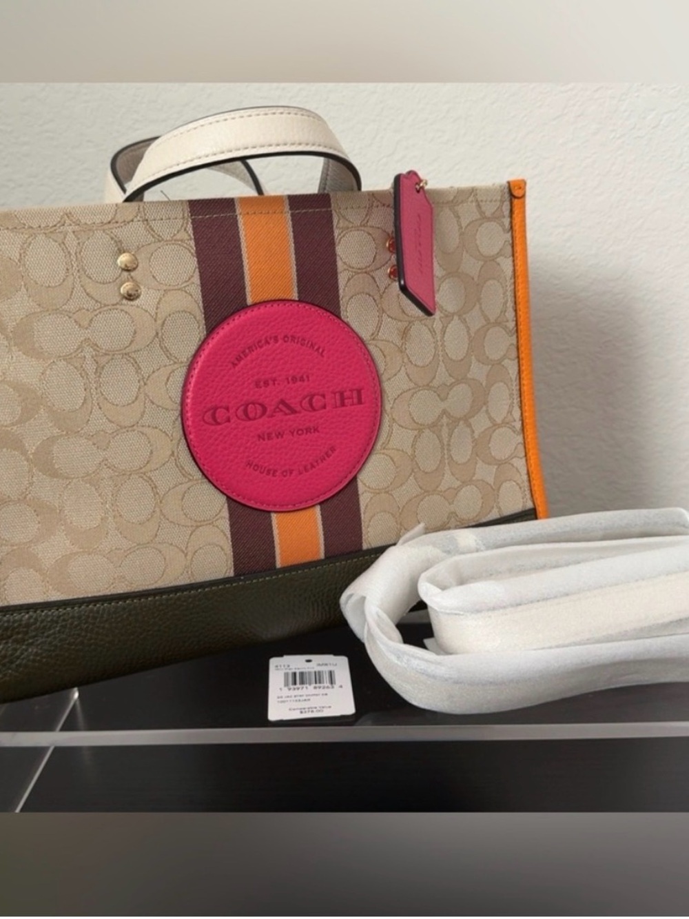 Coach Beige Signature Tote with Pink Patch & Orange Stripe Accents